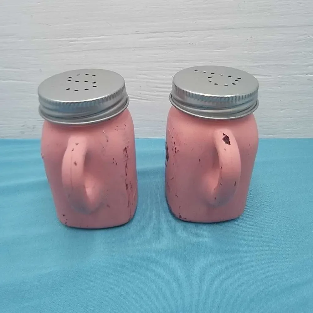 Pink Coral Mason Jar Salt Pepper Shakers Set Handle Farmhouse Kitchen Decor